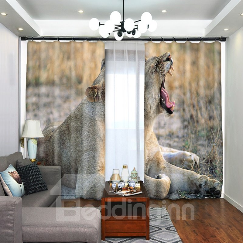 Cortina opaca 3D con diseño de león tumbado bostezando en la naturaleza para dormitorio