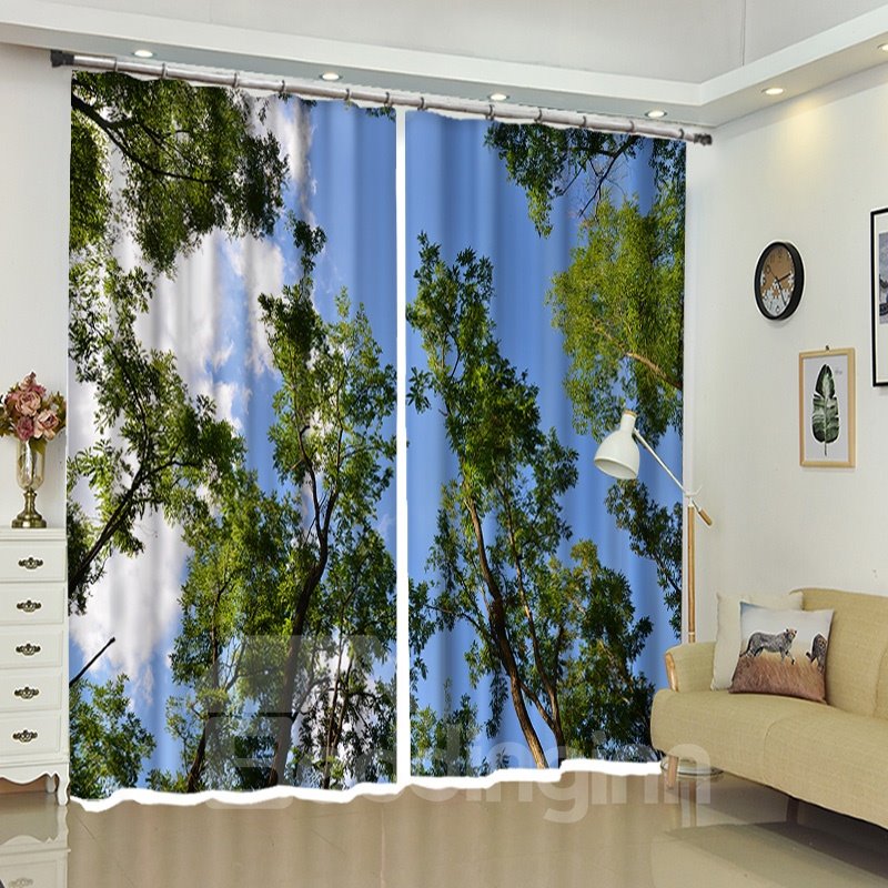 In Waldbäumen unter Himmel liegender Vorhang für Badezimmer