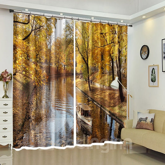 Barco de madera en el río acompañado de hojas cortina opaca 3D