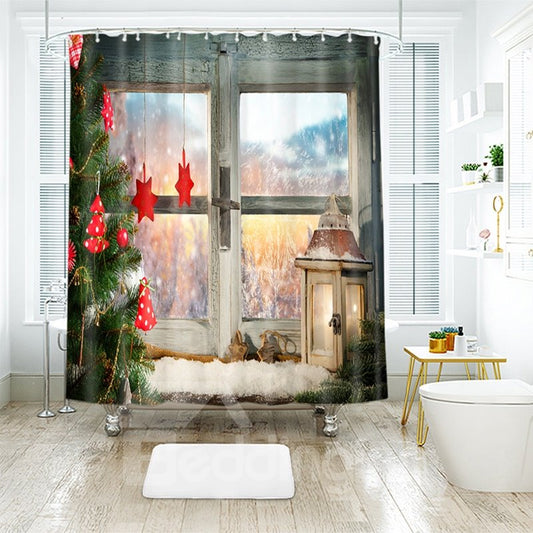 Christmas Tree and 3D Scenery Bathroom Shower Curtain Bathroom Shower Curtain