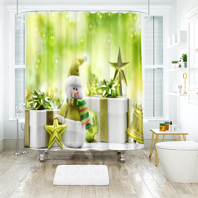 Unique Green Peaceful Snowman and Ornaments Bathroom Shower Curtain