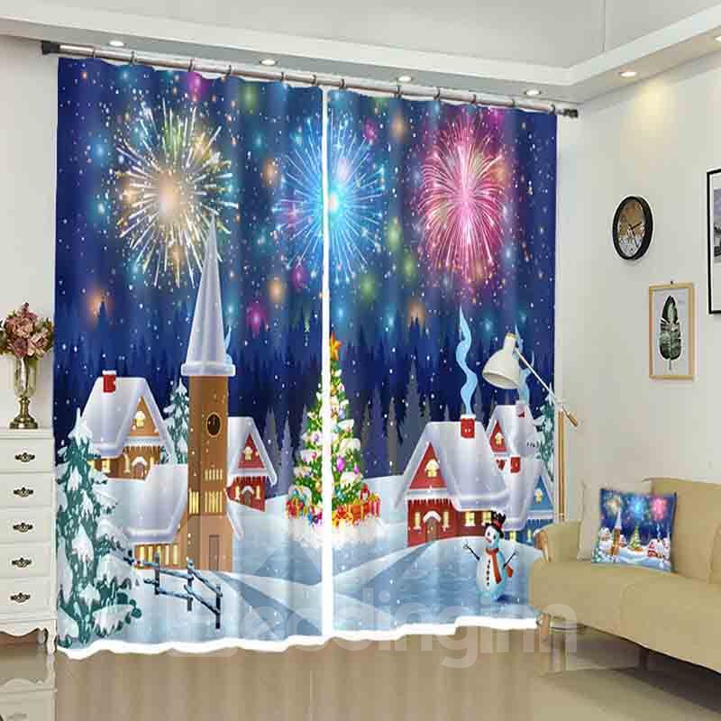 Firework Above Snowed Houses Christmas Pattern 3D Curtain