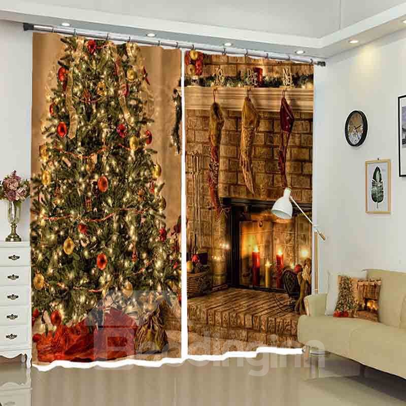 Christmas Tress in Warm House with Fireplace Curtain for Holiday