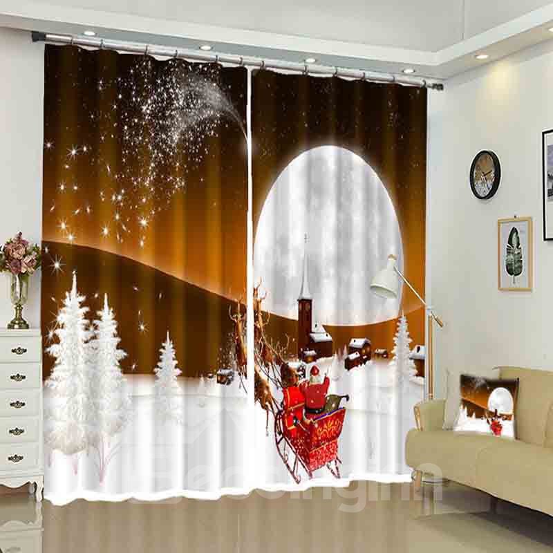 Santa in Sleigh White Moon Snow Ground Christmas Curtain