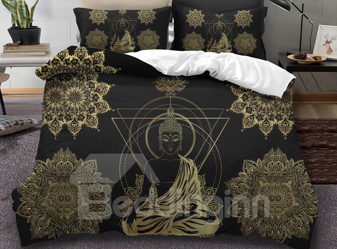 3-teilige 3D-Bettwäsche-Sets/Bettbezüge mit goldenem Buddha und Dreieck, bedruckt