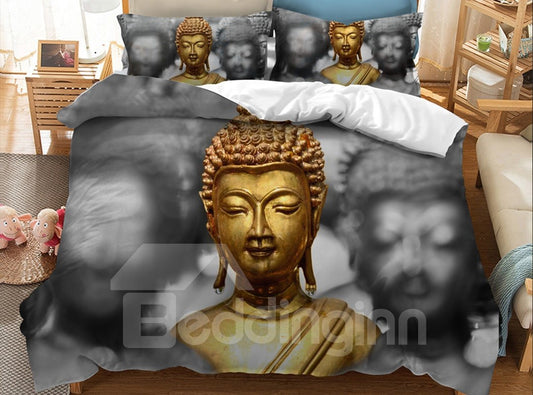 Goldene und graue Buddha-bedruckte 3D-3-teilige Bettwäsche-Sets/Bettbezüge