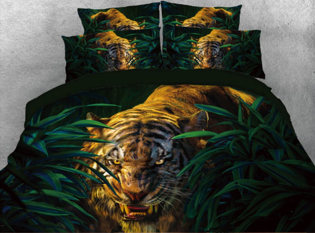 Tiger in the Jungle Printed 5-Piece 3D Comforter Set/Bedding Set Ultra Soft with Zipper Closure and Corner Ties 2 Pillowcases 1 Flat Sheet 1 Duvet Cover 1 Comforter Soft Skin-friendly Microfiber