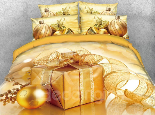 3D Golden Christmas Present Box and Ball Printed 4-Piece Bedding Set/Duvet Cover Soft Skin-friendly Microfiber