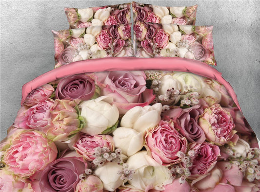 Juego de cama/funda nórdica de 4 piezas con estampado de flores rosas, juego de funda nórdica de microfibra ultrasuave que no se decolora, tamaño Queen King 