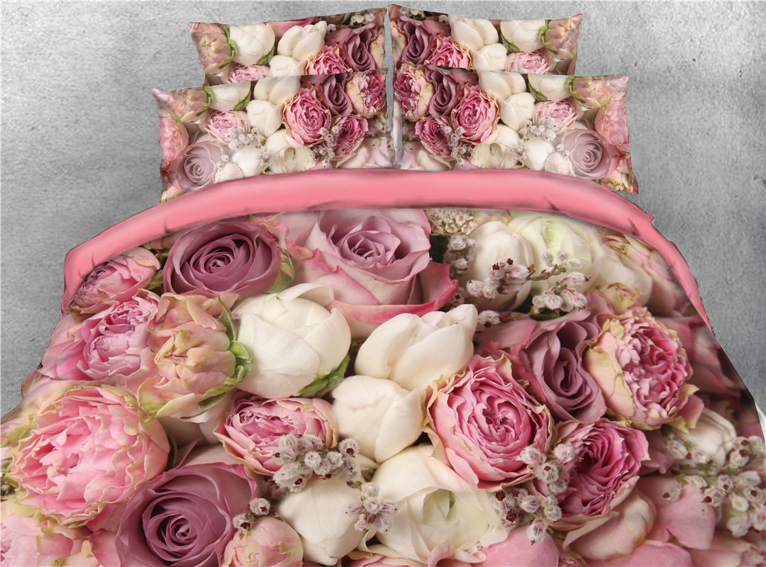 Bouquets of Rose Flowers Printed 4-Piece 3D Bedding Set/Duvet Cover Set Ultra-soft No-fading Microfiber Full Queen King
