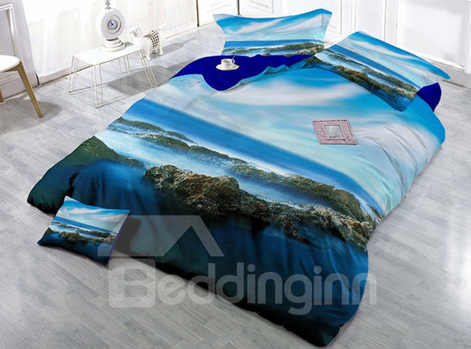Montaña y cielo azul Paisaje natural Resistente al desgaste Transpirable Alta calidad 60s Algodón Juegos de cama 3D de 4 piezas 