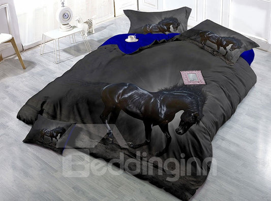 Juego de cama 3D de 4 piezas de algodón de alta calidad, transpirable, resistente al desgaste, caballo negro 
