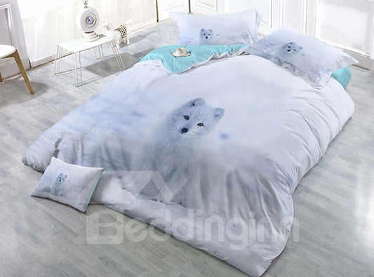 Ein sitzender weißer Fuchs, verschleißfest, atmungsaktiv, hochwertige 60er-Jahre-Baumwolle, 4-teiliges 3D-Bettwäsche-Set 