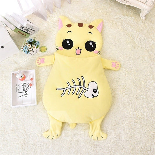 Cute Cartoon Cat Shape Anti-Kicking Velvet Yellow Baby Sleeping Bag