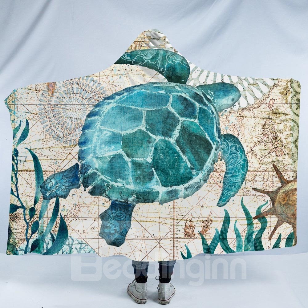 Aqua Turquoise Turtle 3D Printing Polyester Hooded Blanket