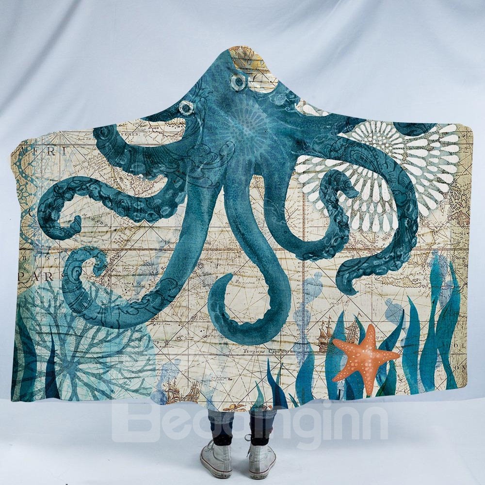 Turquoise Octopus Printed Ocean Theme 3D Polyester Hooded Blanket