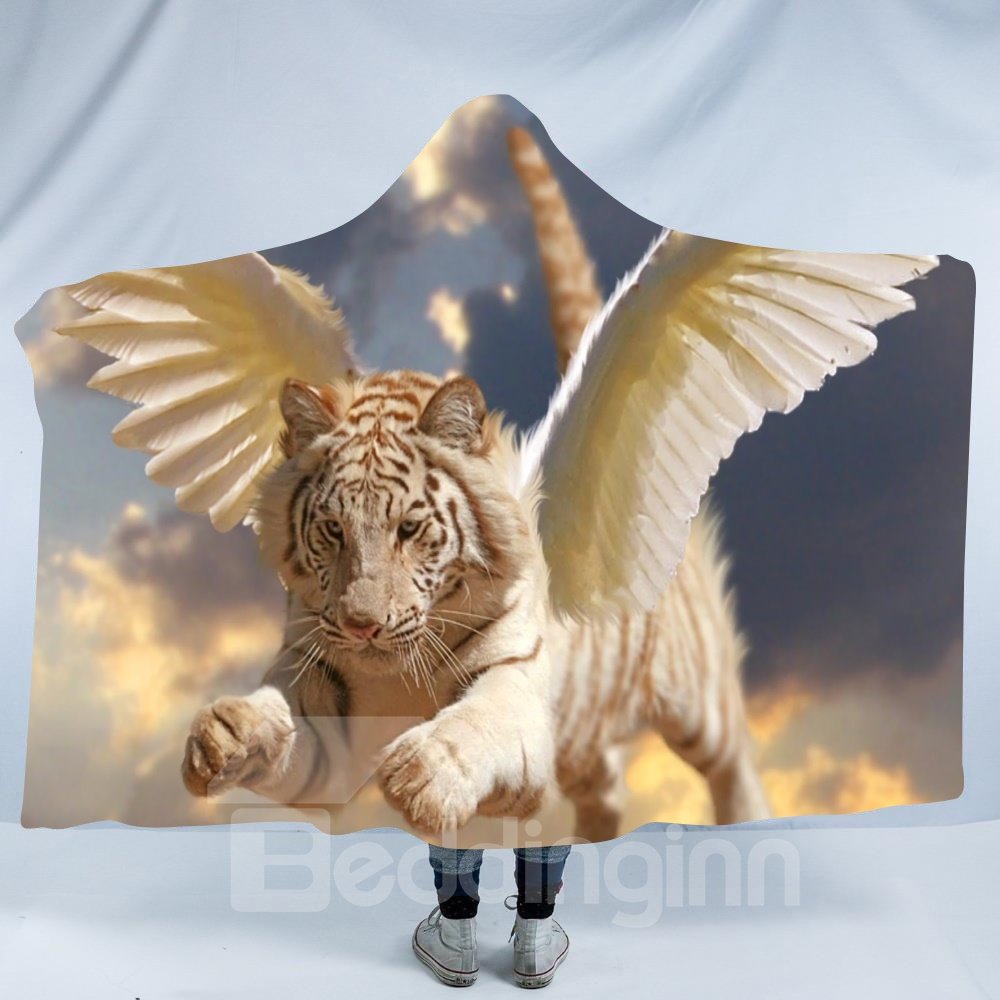 Manta con capucha de poliéster con impresión 3D de tigre con alas 