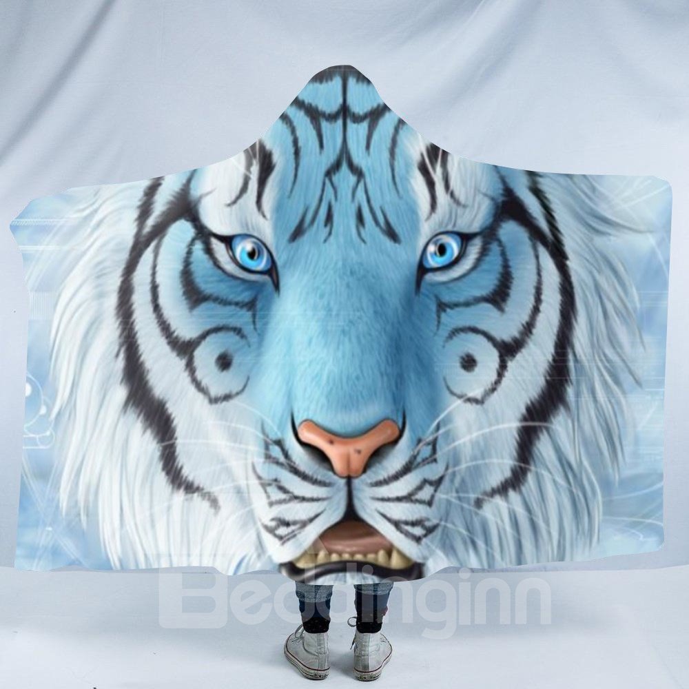 Manta con capucha de poliéster con impresión 3D de cabeza de tigre blanco