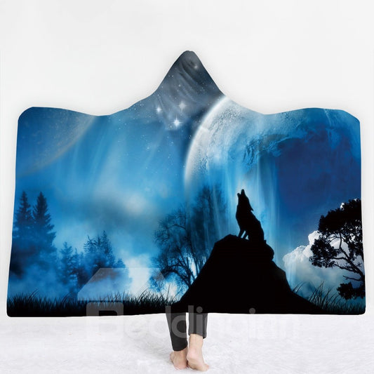 Manta con capucha de poliéster con estampado 3D de lobo aullando y paisaje natural azul 