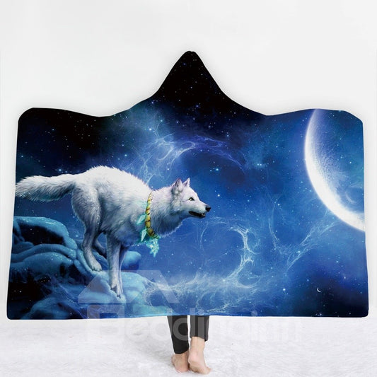 Manta con capucha de poliéster con estampado 3D de lobo blanco y luna azul 