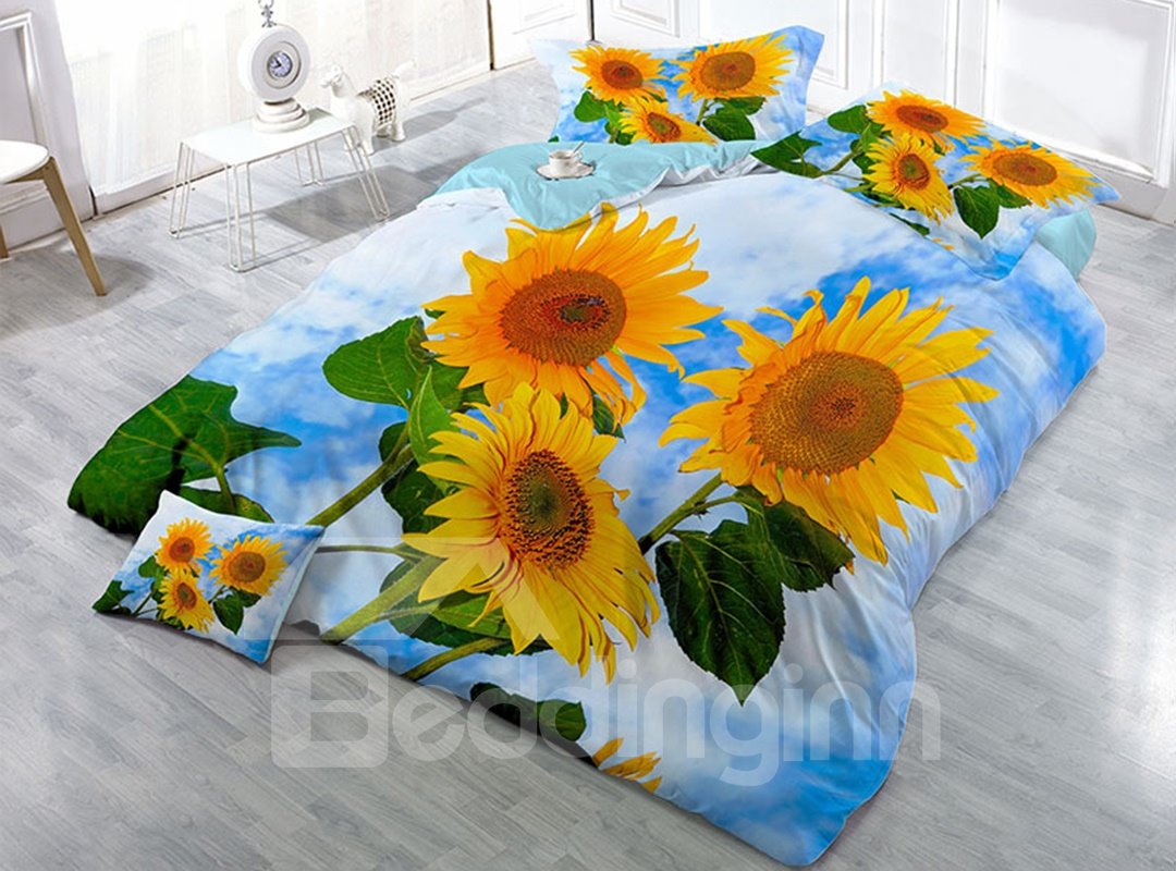 Kräftige Sonnenblume, verschleißfest, atmungsaktiv, hochwertige 60er-Jahre-Baumwolle, 4-teiliges 3D-Bettwäsche-Set 