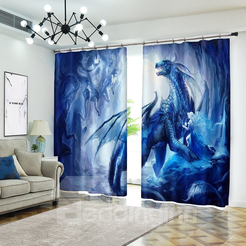 Cortina opaca azul con dibujos de dragones y elfos en 3D para baño