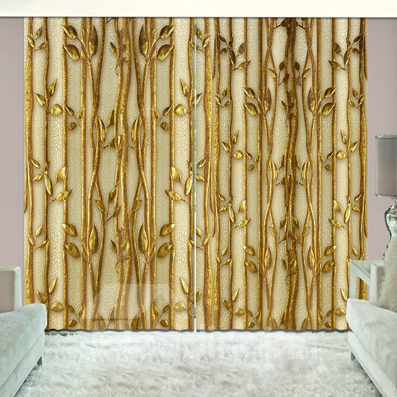 Golden Plants Shading Curtain Light up Room 3D Vivid 2 Panles