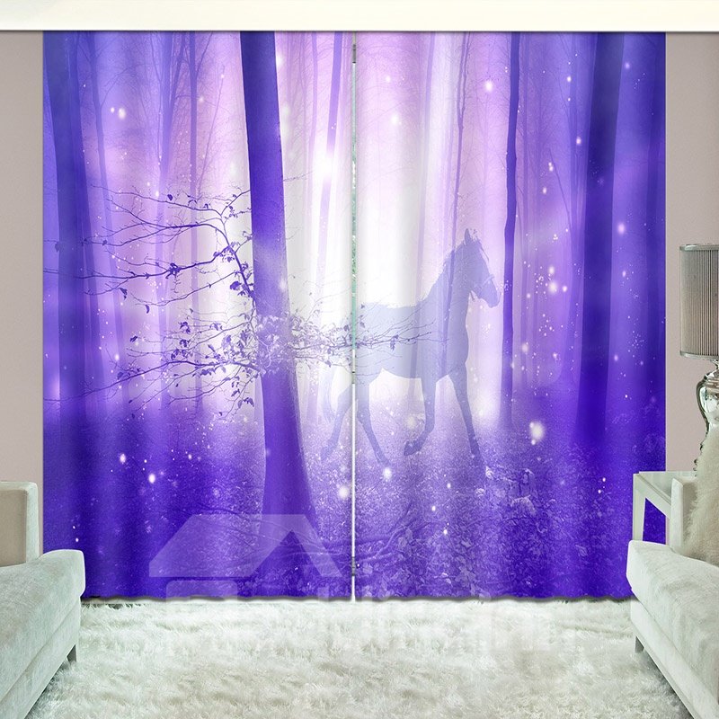 Shining Purple Horse in Magical Wood Vivid Printed Curtain