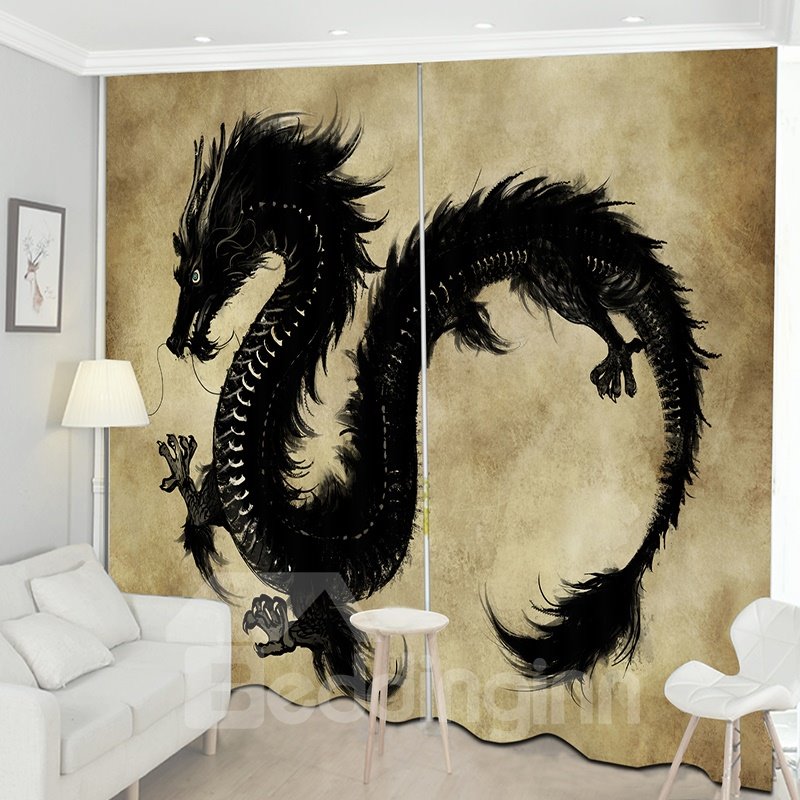Cortina con estampado 3D de patrón creativo de dragón volador negro