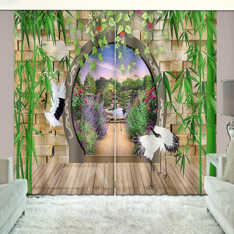 Bamboo and Cranes Natural Drapes Print Curtain for Guestroom