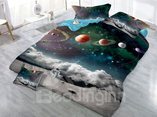 4-teilige 3D-Bettwäsche-Sets/Bettbezüge mit Astronauten- und Himmelsplaneten-Universum-Galaxie-Motiv 
