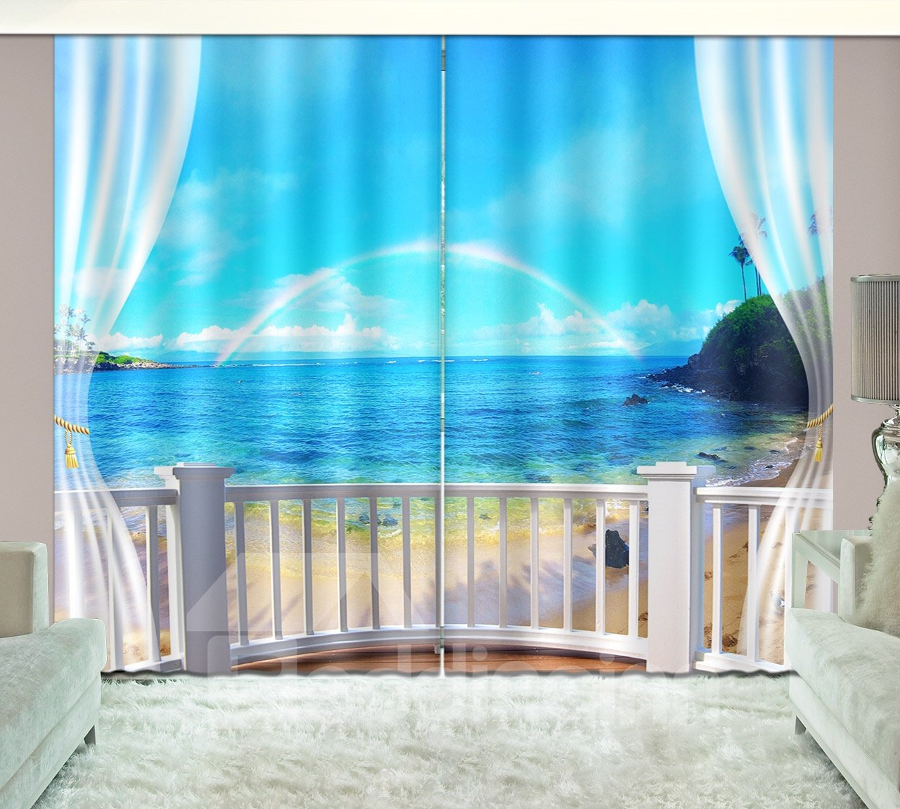 Cortina personalizada con paisaje natural de arcoíris y mar y cielo azul impresa en 3D
