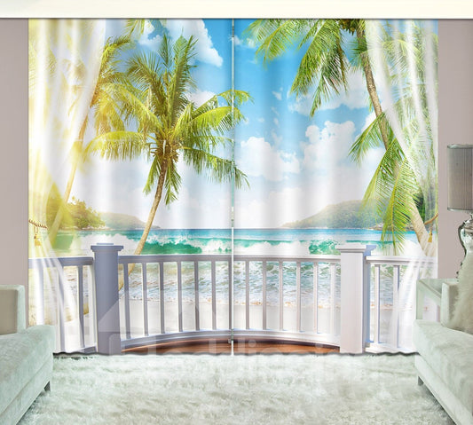 3D Waves and Blue Sky Printed Beach Scenery Custom Living Room Curtain