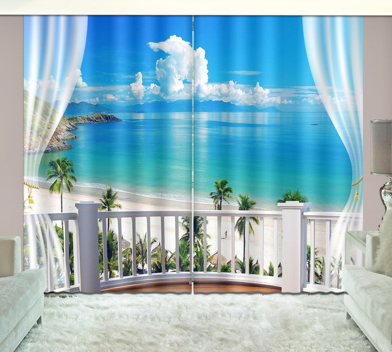 Cortina de sala de estar personalizada con paisaje de cocoteros y nubes blancas impresas en 3D