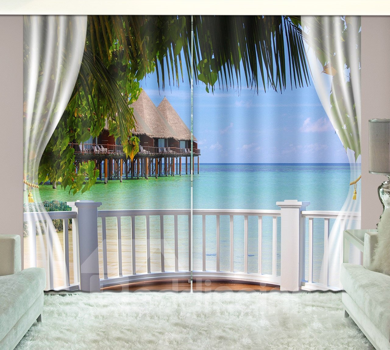 3D Printed Waves and Blue Sky Seaside Natural Scenery Custom Living Room Curtain