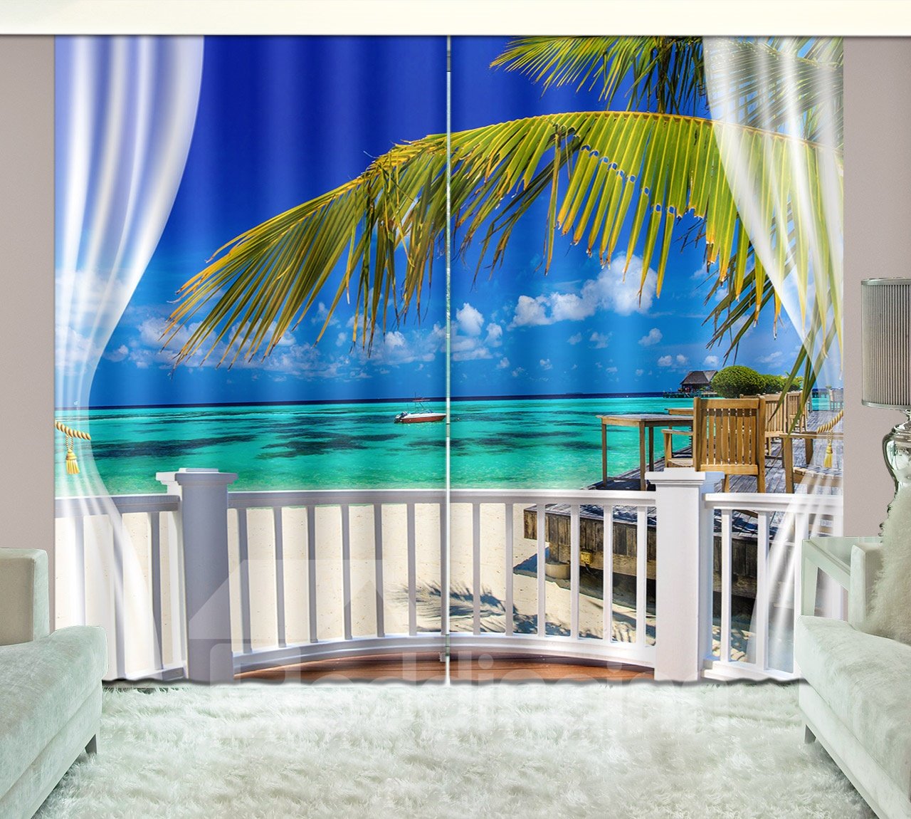 3D Printed Beach with White Clouds and Boat Scenery Custom Living Room Curtain