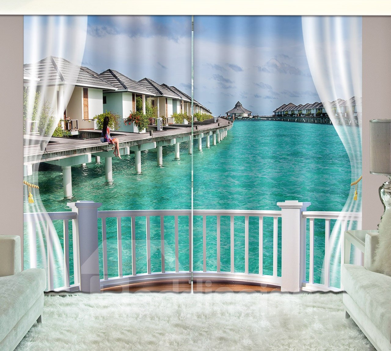 Cortina de sala de estar personalizada con paisaje natural de playa con niña y cielo azul impresa en 3D