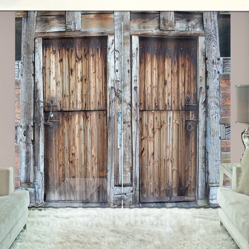 3D Locked Rusty Barn Door Country Style Printed Curtain