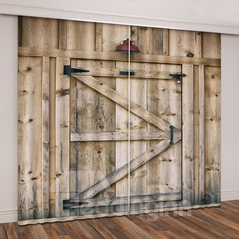 3D Printed Rustic Country Barn Wood Door Vintage Rustic Theme Curtain