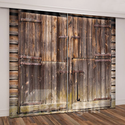 3D Rural Theme Barn Wood Door Printed Curtains