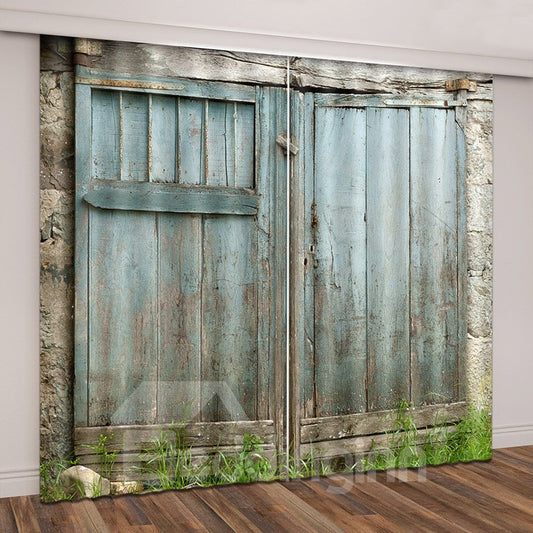 3D Scene Rustic Country Theme Wooden Barn Door Printed Curtains