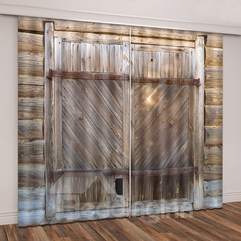 Cortinas impresas de granja de puerta de granero de madera rústica 3D