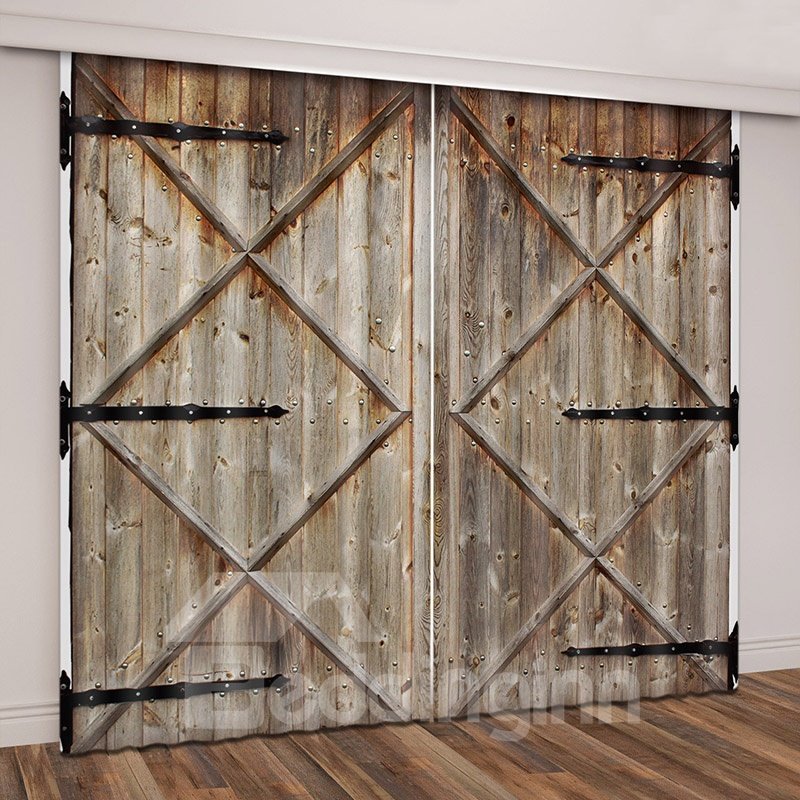 Cortinas impresas con puerta de granero de madera antigua de casa vintage en 3D