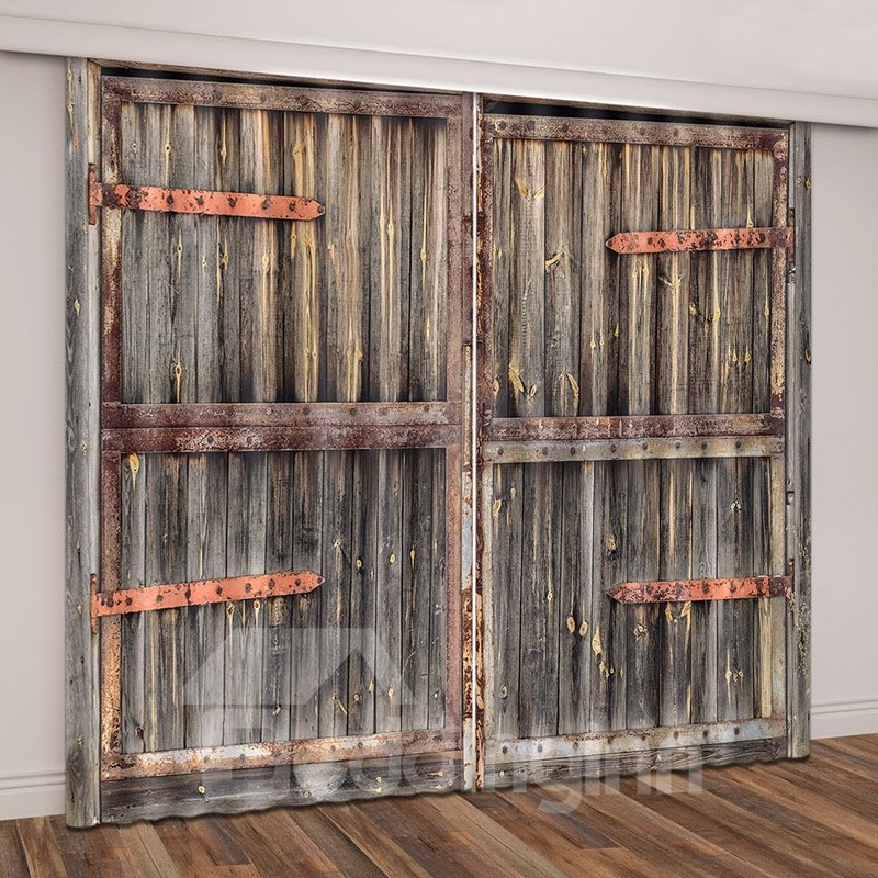 3D Printed Rustic Old Wooden Barn Door of Farmhouse Oak Countryside Curtains