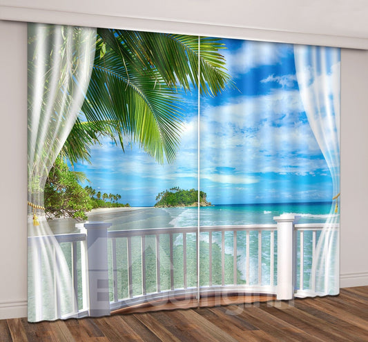 3D Seaside Beach Blue Sky White Cloud Printed Curtain