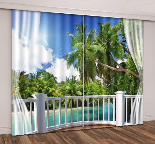 3D Seaside Island Green Coconut Palm Forest Balcony Decoration Printed Curtain
