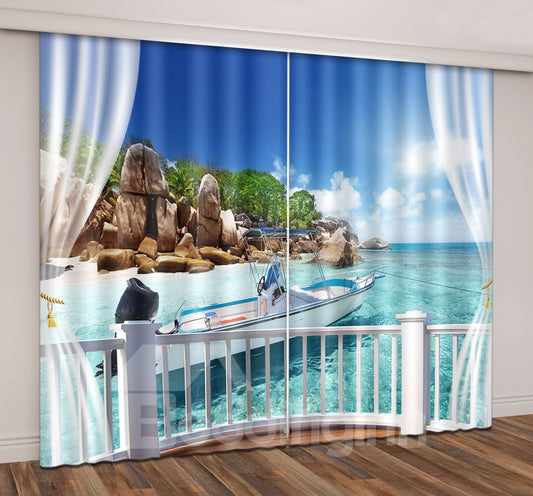 3D Tropical Seaside Island Travel Yacht Printed Curtain