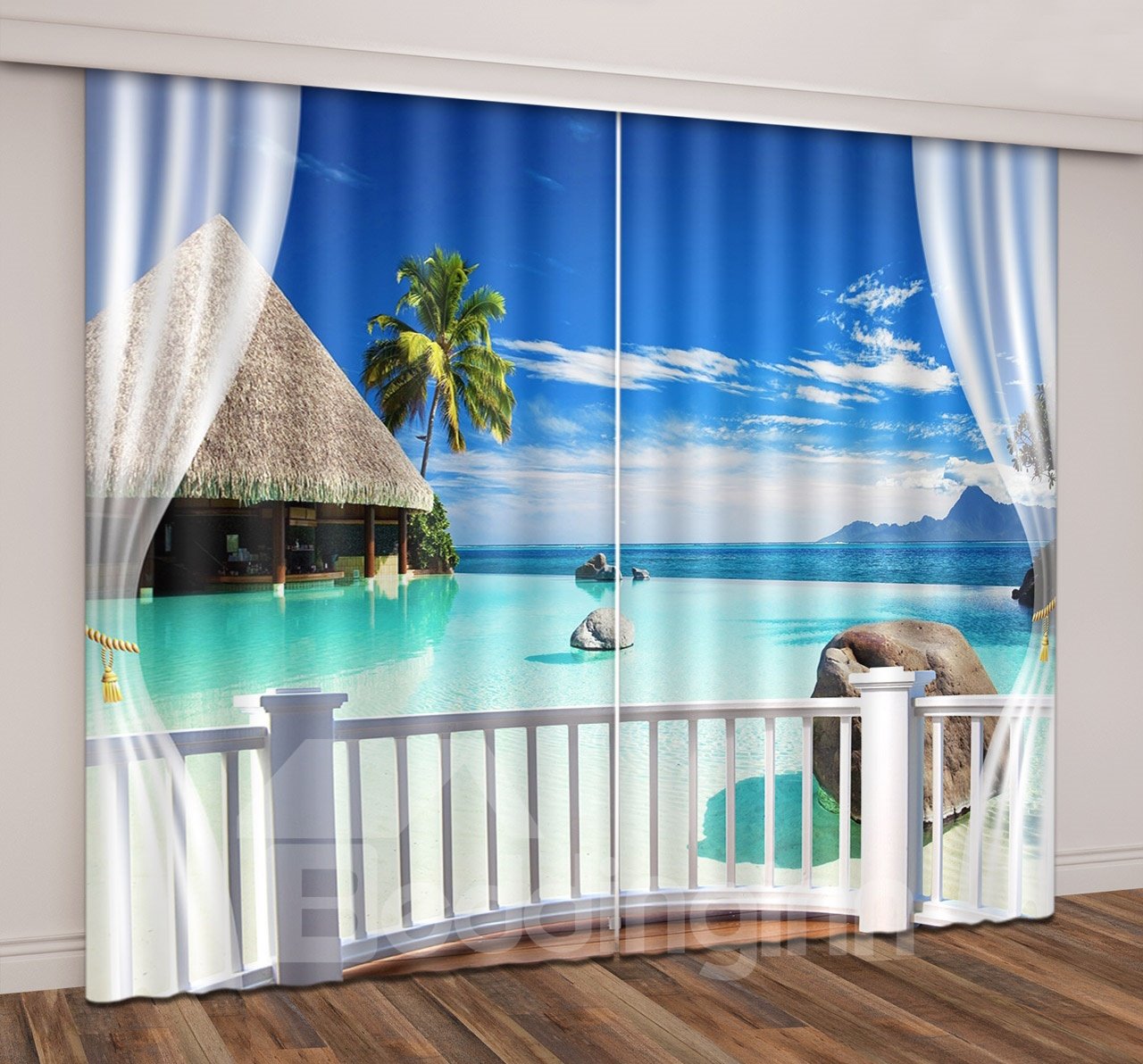 3D Tropical Seaside Island Coast Romantic Travel Printed Curtain