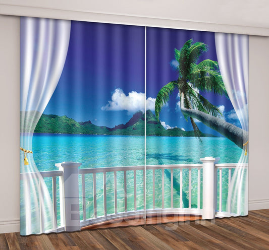 3D Printed Seaside Blue Sky Green Coconut Palm Curtain