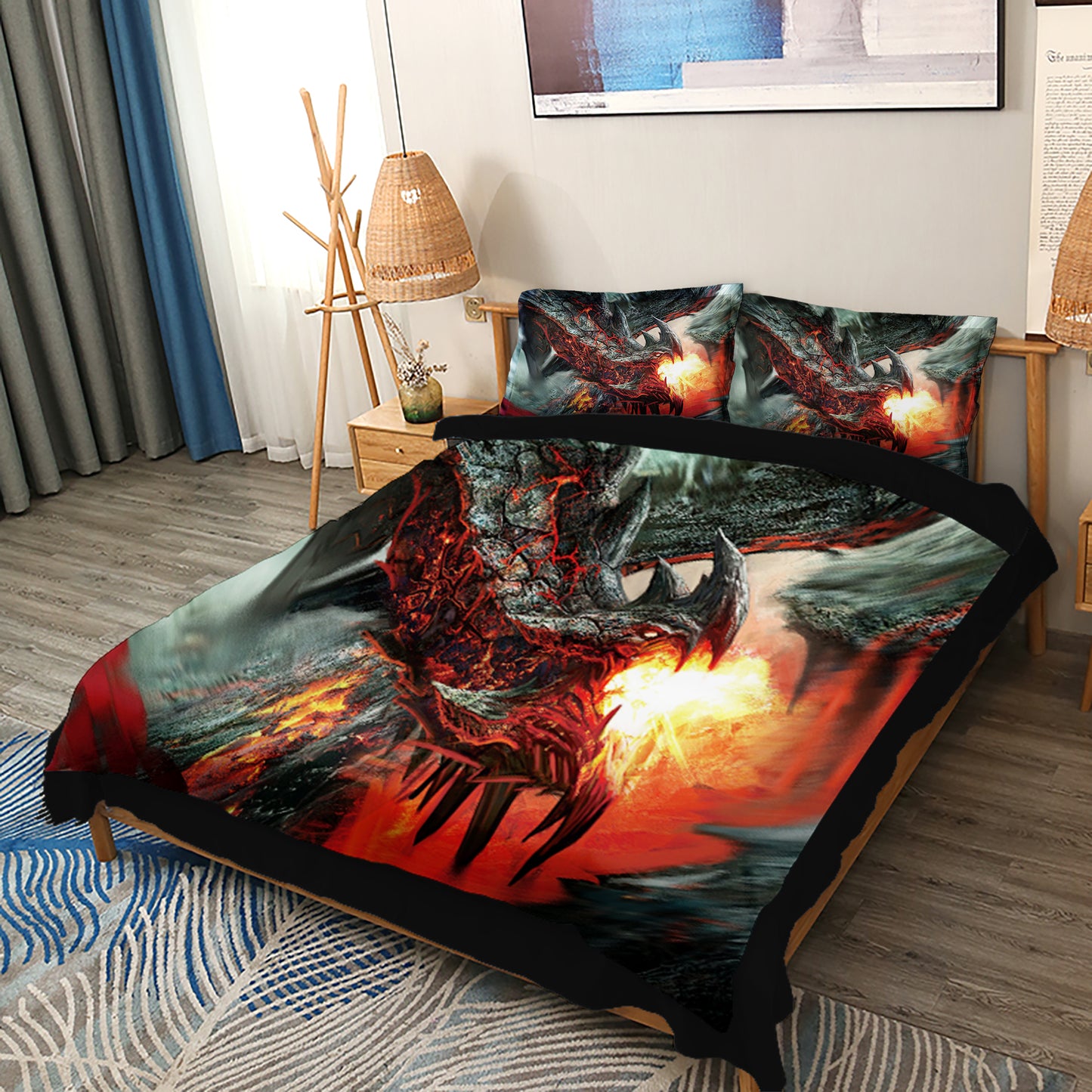 Fire Dragon Spouting Fire Print 4-Piece Duvet Cover Set with Flat Sheet 2 Pillowcases